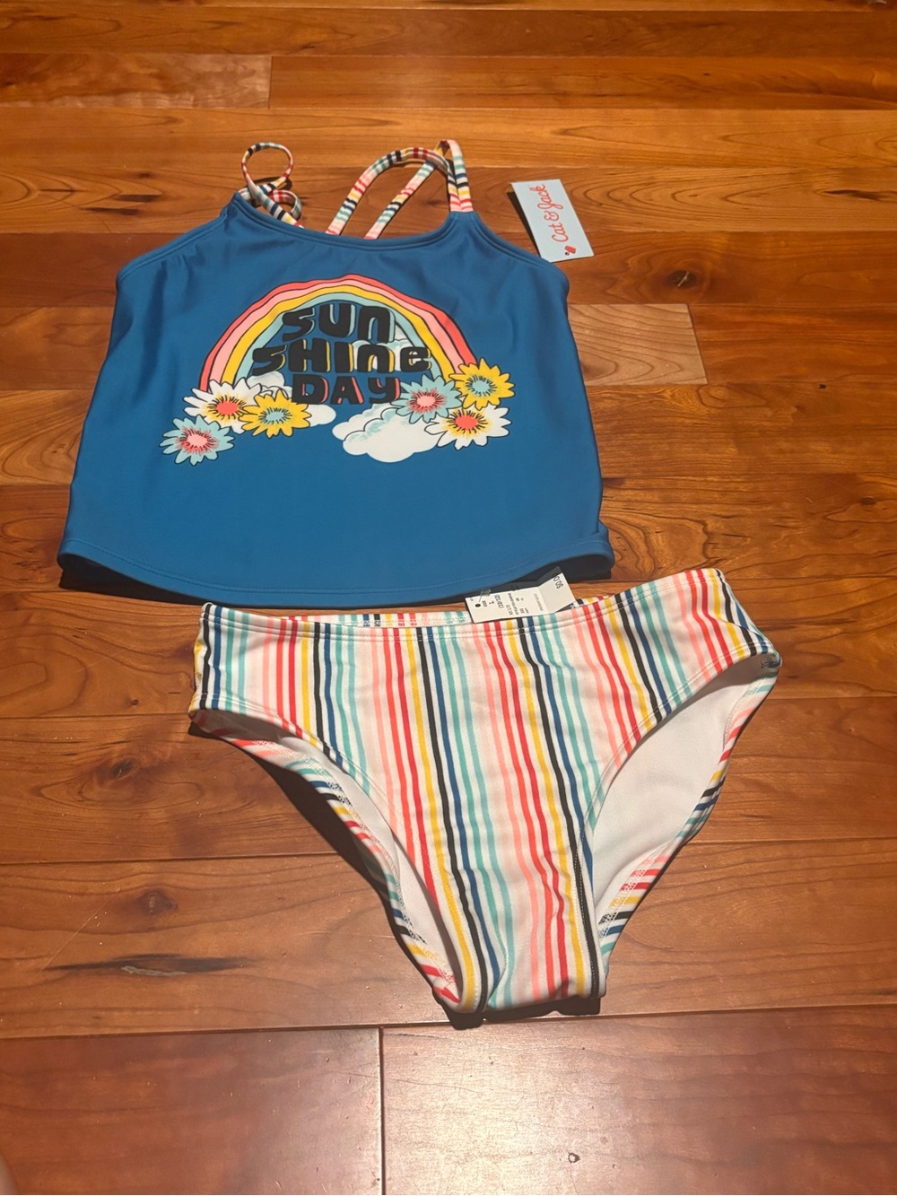 Cat & Jack Girls' Two Piece Multicolor Striped Swimsuit L(10/12)